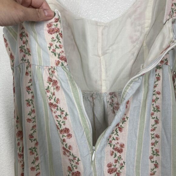 WeWoreWhat Dress Womens Large Blue Green Floral Stripe Linen Blend Midi Back Zip - Picture 15 of 16